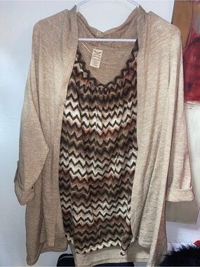 Beige Open-Front Women's Sweater Cardigan with Chevron Knit Tank